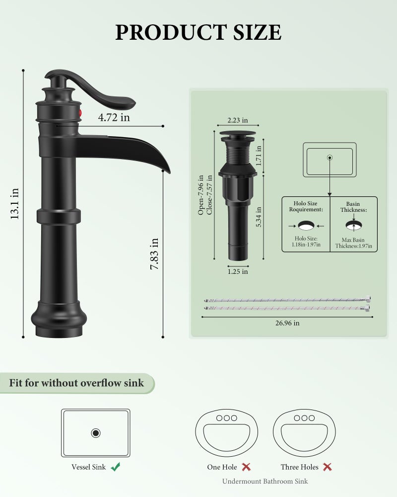 Homevacious Black Bathroom Faucet Vessel Sink Matte Waterfall Farmhouse Single Hole Antique Bowl with Pop Up Drain Stopper Lavatory One Handle Supply Line Without Overflow - Image 3